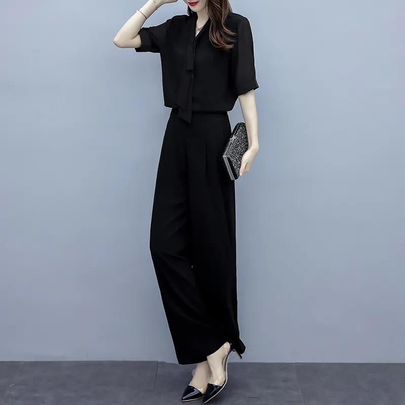 Ladies Professional Suit Black Two-piece Suit Women Loose and Thin High Waist Wide-leg Pants V-neck Short-sleeved Shirt Elegant Temperament