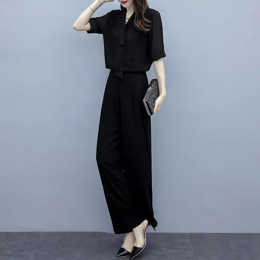Ladies Professional Suit Black Two-piece Suit Women Loose and Thin High Waist Wide-leg Pants V-neck Short-sleeved Shirt Elegant Temperament