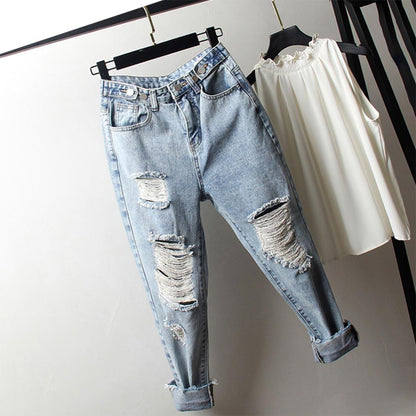 Plus size hole nine points jeans women loose thin straight harem pants fat sister beggar pants
