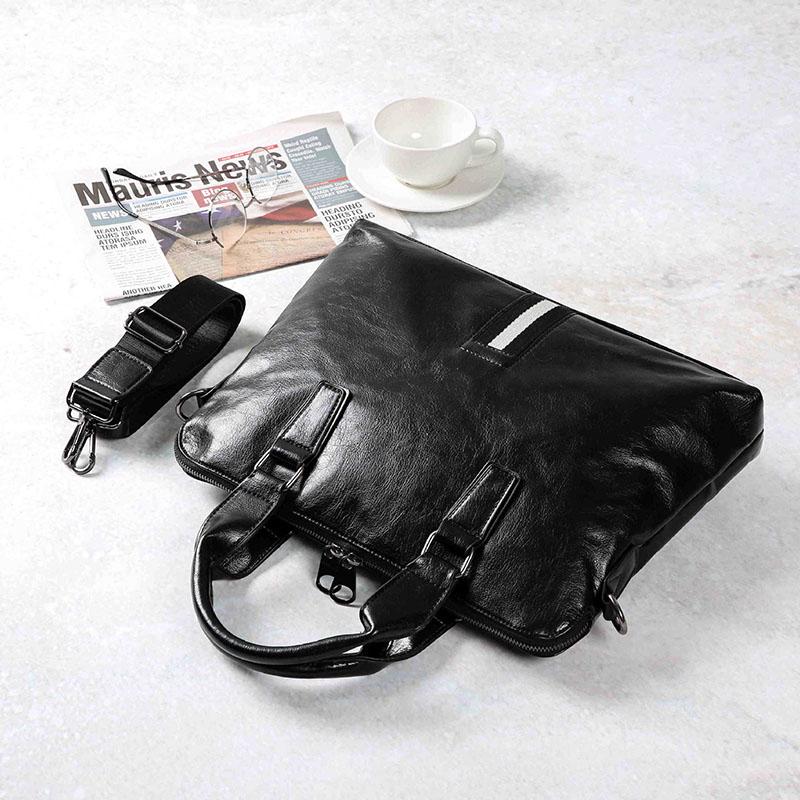 Business Briefcase Men Black Striped PU Leather Handbag Shoulder Diagonal Computer Bag