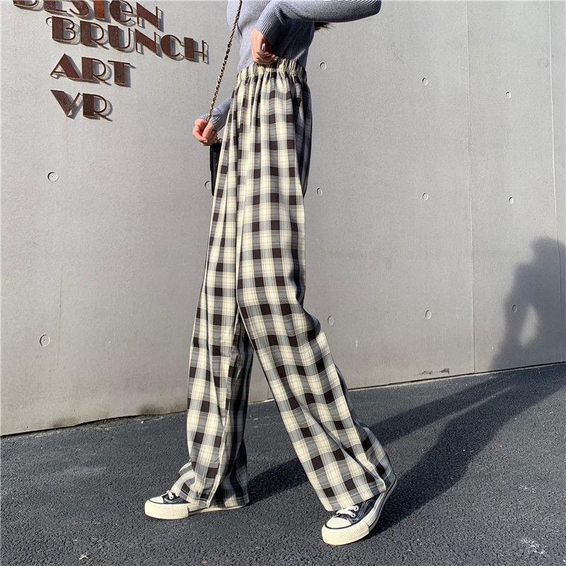 Women Wide Leg Pants  Spring Summer Female High Waist Loose Casual Plaid Chiffon Pant Long Trousers Streetwear Plus Size 4XL