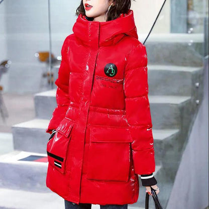 Women's Winter Korean Loose Quilted Coat Warm Stand-collar Down Jacket Women's Glossy Mid-length Down Jacket