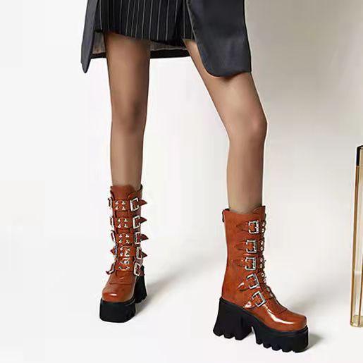 European and American Big Head Martin Boots Female Punk Rock Platform High Heel Shoes Short Handsome Back Zipper Large Size Stage Boots