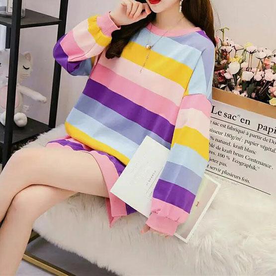 Women's Autumn Plush Mid-length Loose Tops Female Large Size Long Sleeve Rainbow Striped T-shirts