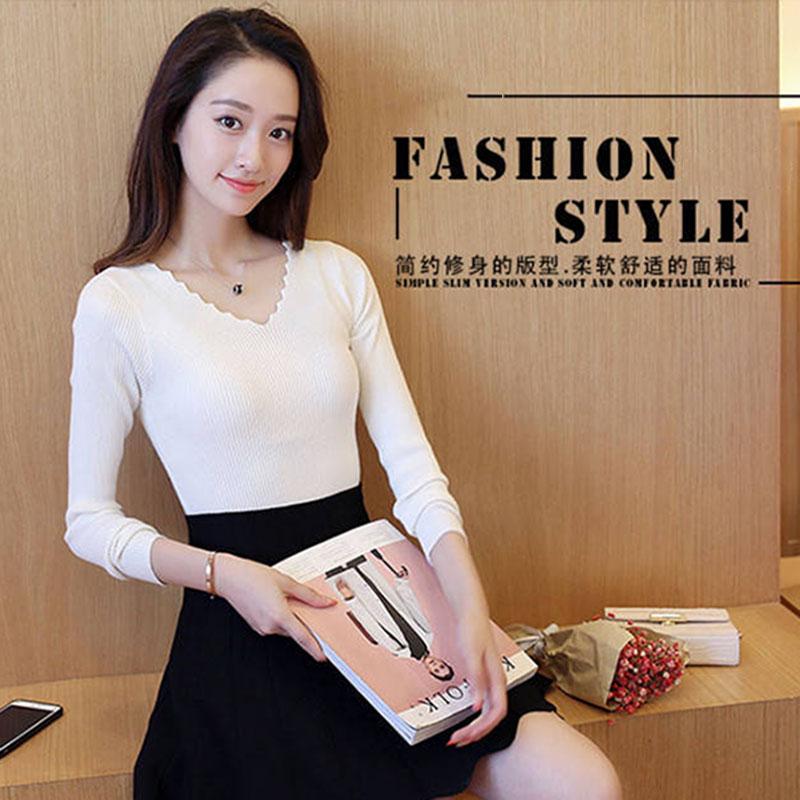 Autumn and Winter All-match Bottoming Shirt V-neck Slim Solid Color Top Long-sleeved Short Female Sweater