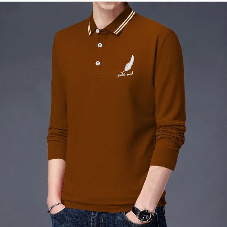 Men's Embroidered Long Sleeve Polo Shirt Cotton Large Size Lapel T-Shirt High Quality Bottoming Solid Color Top