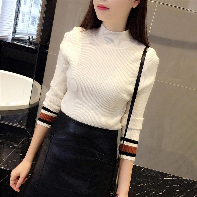 Women's Knitted Bottoming Shirt Autumn Winter All-match Elastic Slim Pullover Round Neck Jumper Top