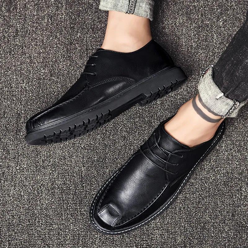 Full Soft Leather Shoes Men's Spring and Autumn Black Casual Shoes Korean Fashion Lazy Shoe