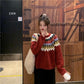 Autumn Winter Red Christmas Sweater Women Loose Snowflakes Printing Pullover Sweater Knitted Top Outwear