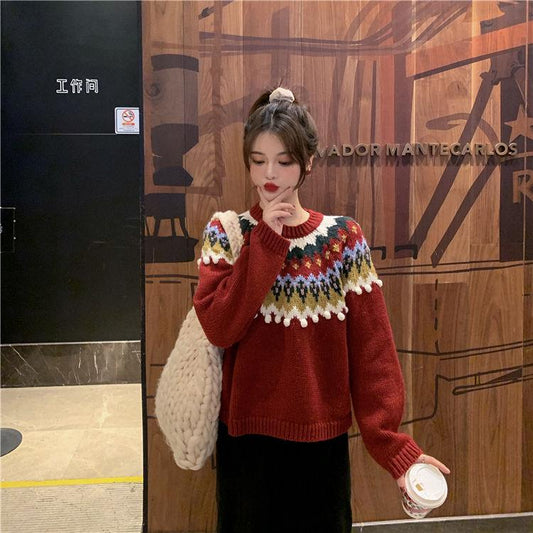 Autumn Winter Red Christmas Sweater Women Loose Snowflakes Printing Pullover Sweater Knitted Top Outwear