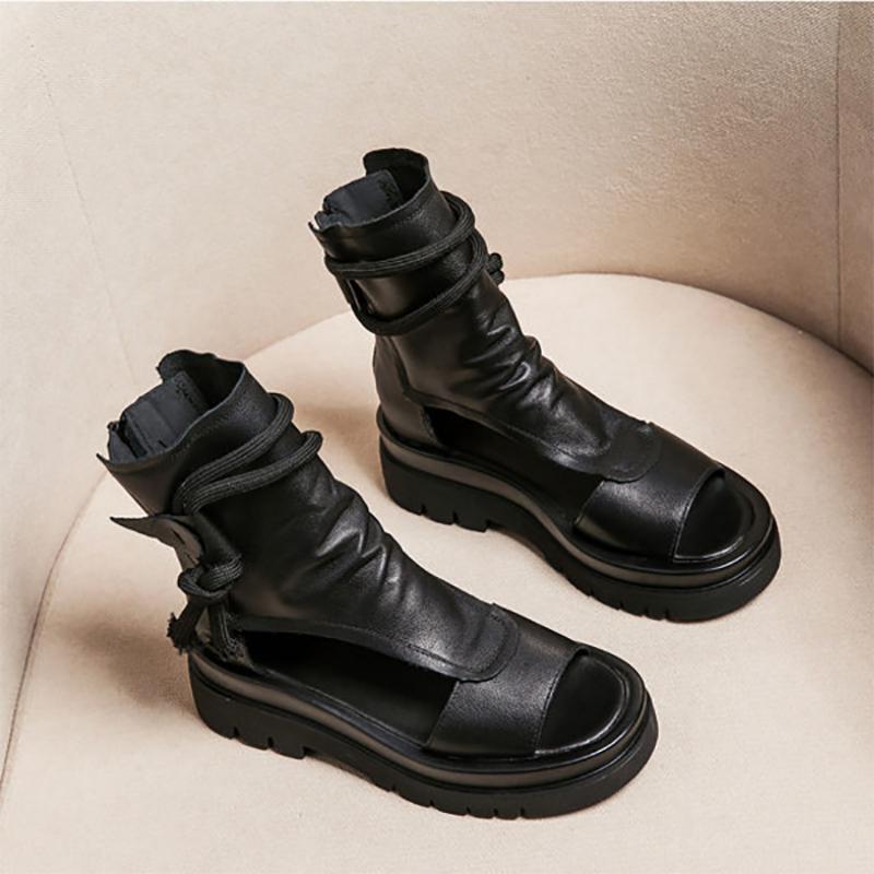 Women's Soft Leather Flat Sandals Platform Fish Mouth Sandals Mid-heel Casual High-top Roman Shoes