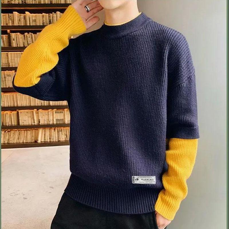 Autumn Thin Sweater Half High Neck Pullover Sweater Men's Trendy Knit Sweater Color Matching Bottoming Shirt Men's Top