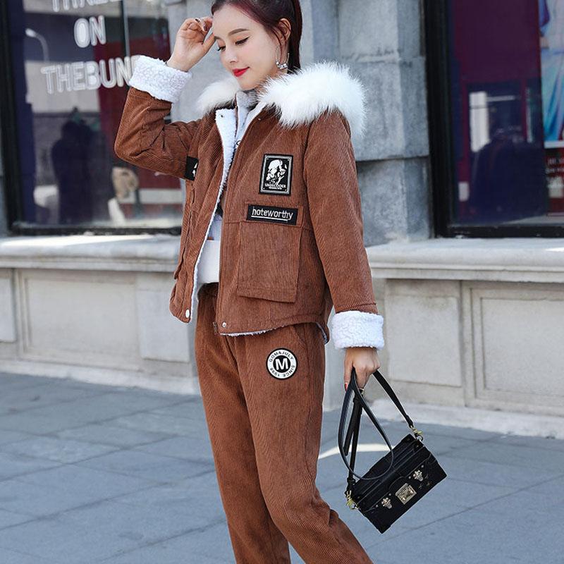 2pcs/set Winter Parka Women Fleece Liner Hooded Parka Coat+ Pant Two-piece Set Ladies Causual Warm Jacket   Outwear Outfits