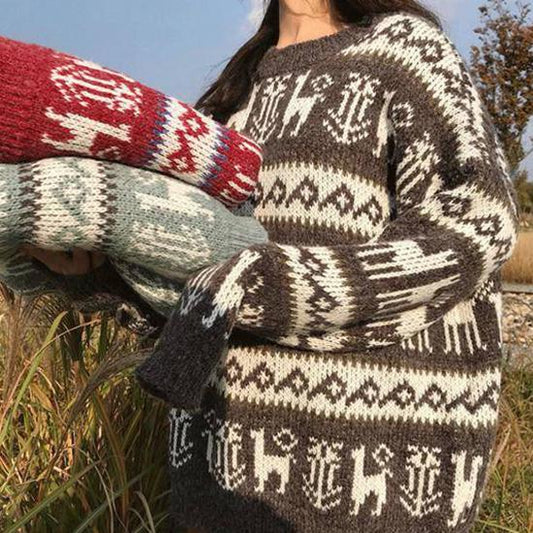 Christmas Theme Women 3 Colors Elk Print Long Section Sweater Crew Neck Loose Pullover Top