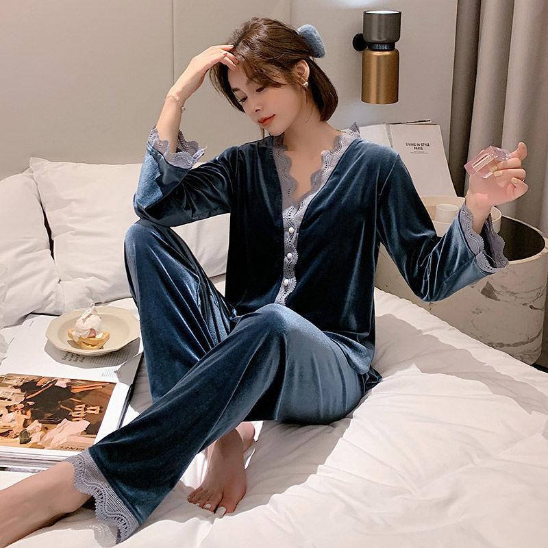 Gold Velvet Pajamas Pajamas Women's Warm Clothing Women's High-end Outer Wear Sexy Home Service Suits Thin Pajamas Suit Lace Trim