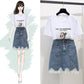 Lace Side Korean Students High Waist Denim Skirt Half Skirt Spring and Autumn Net Red New Hip A-shaped Skirt Two Pieces
