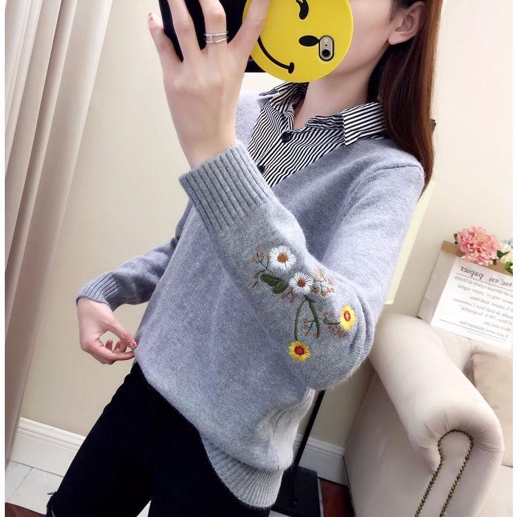 Autumn Winter women Sweater Korean Embroidered Lapel Stitching Fake Two-piece Blouse Loose Pullover Sweater for Students Office lady