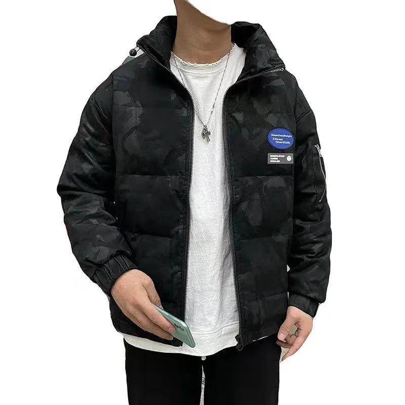 Men's Winter Down Jacket Plus Size PU Leather Camouflage Jacket Streetwear Coat Stand Collar Solid Color Casual Jackets Warm Thick Black Clothing