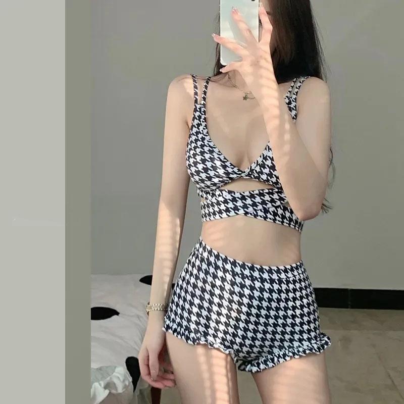 Sexy Plaid High Waist Swimsuit Women's Separate Swimsuit Bikini Sling Cross Bow Tie Bandage Cover Belly Ruffle Shorts Summer Beach Suit
