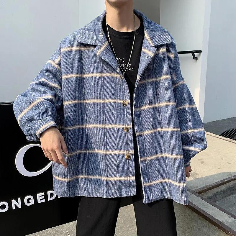 Spring and Autumn Woolen Plaid Jacket Men's Trend Ins Windbreaker Jacket Hong Kong Style Loose Retro Coat