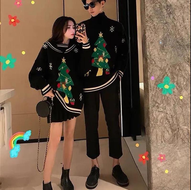 WTEMPO 2 Pcs Christmas Couple Sweater Soft Casual Knitted Sweater Winter Warm Pullover
