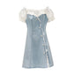 Fashion Lace Stitching One-shoulder Denim Dress Buttoned A-line Skirt Small Summer