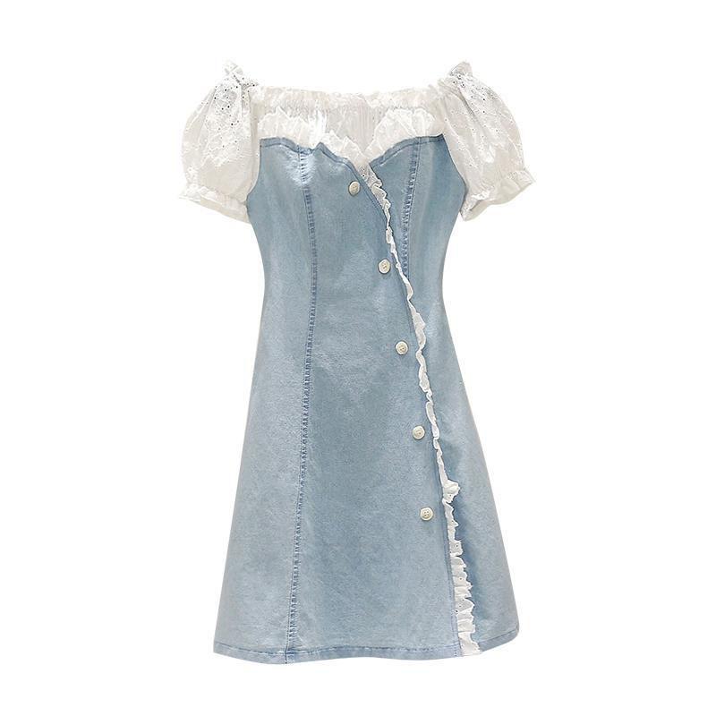 Fashion Lace Stitching One-shoulder Denim Dress Buttoned A-line Skirt Small Summer