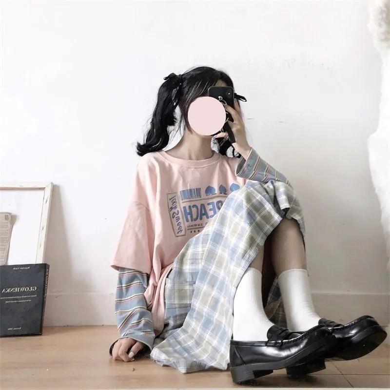 Hoodies Women Pullover Sweatshirts Oversized Streetwear Harajuku Fake Two Piece Rainbow Sleeve Hip Hop Hoodies Spring Autumn Plus Size Loose Hoodies