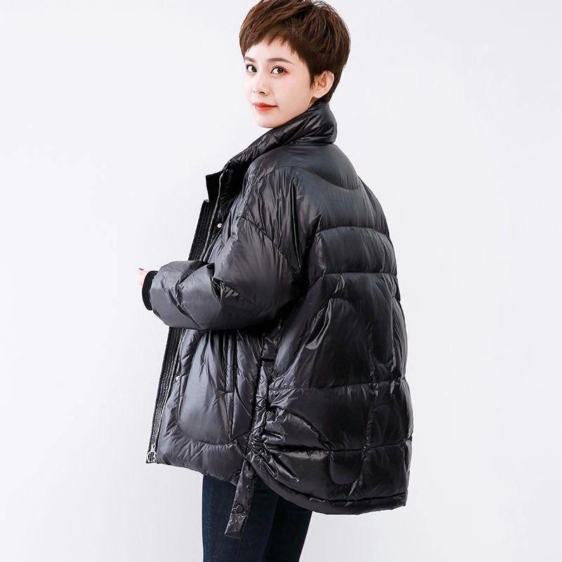 Winter Down Jacket Women's Short White Duck Down Loose Stand-up Collar Bright Surface Thickened Large Size Bread Jacket