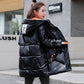 Winter Jacket Parkas Women Glossy Down Cotton Jacket Hooded Parka Warm Female Mid-length Cotton Thick Jacket Casual Loose Outwear Medium Long Overcoat