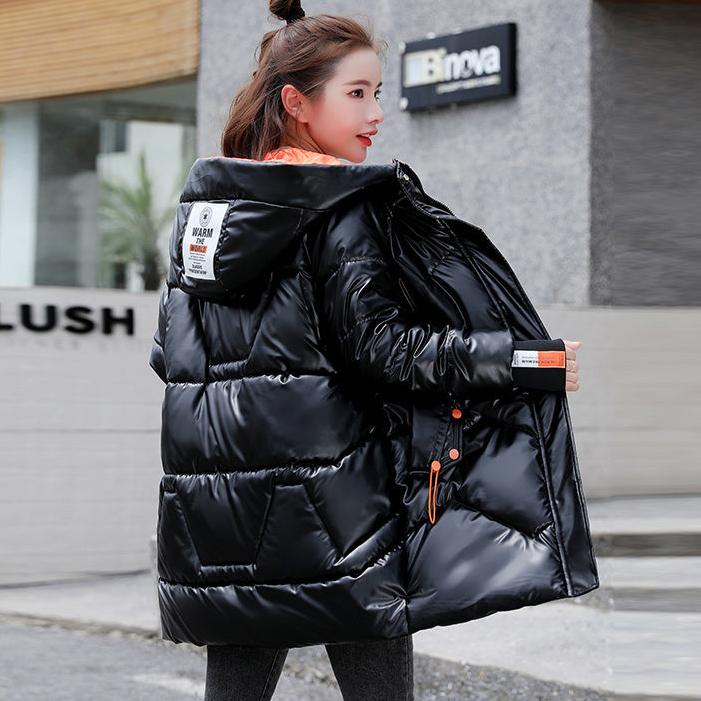 Winter Jacket Parkas Women Glossy Down Cotton Jacket Hooded Parka Warm Female Mid-length Cotton Thick Jacket Casual Loose Outwear Medium Long Overcoat