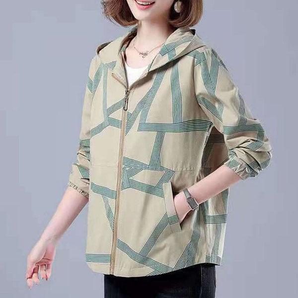 Women's Spring and Autumn Large Size Short Coat Loose Printed Zipper Jacket Female Long Sleeve Casual Hooded Coats