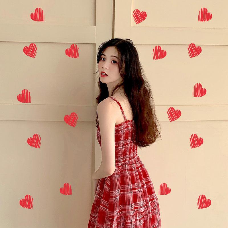 Plaid Chiffon Suspender Skirt Dress Female Summer Long French Style Over-the-knee Retro Fashion Dress