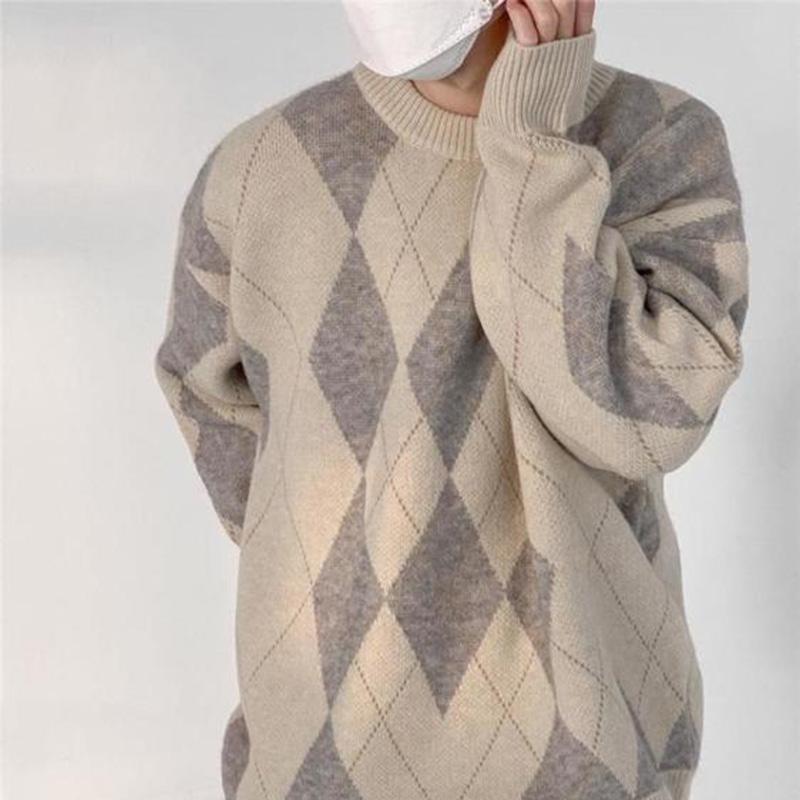 Retro Rhombus Color Matching Round Neck Sweater Men's Tide Brand Loose Knitted Sweater Women's Lazy Style Casual All-match Couple's Sweater