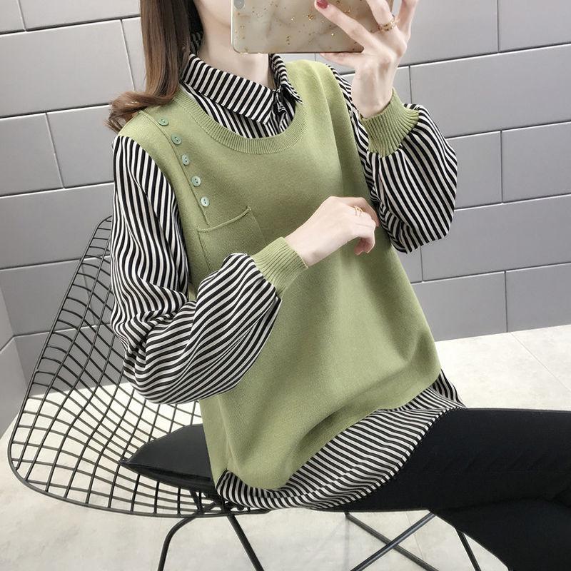 Autumn and Winter Shirt Collar Fake Two-piece Sweater Women All-match Bottoming Knitwear Top
