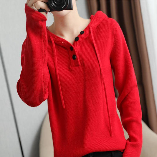 Autumn and Winter Wool Hooded Sweater Pullover Long-sleeved Loose Top Solid Color Casual Women's Jacket