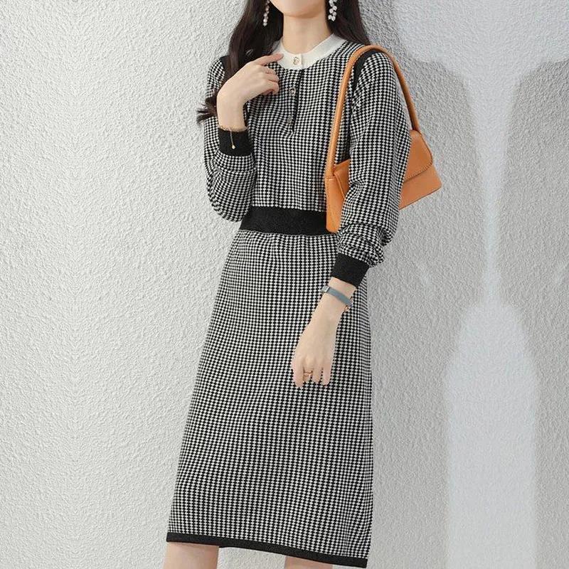 Sweater Dress Women's Plaid Pullover Knit Dress Korean Waist Trending Sweater Dress Autumn and Winter Lady Style Fashion