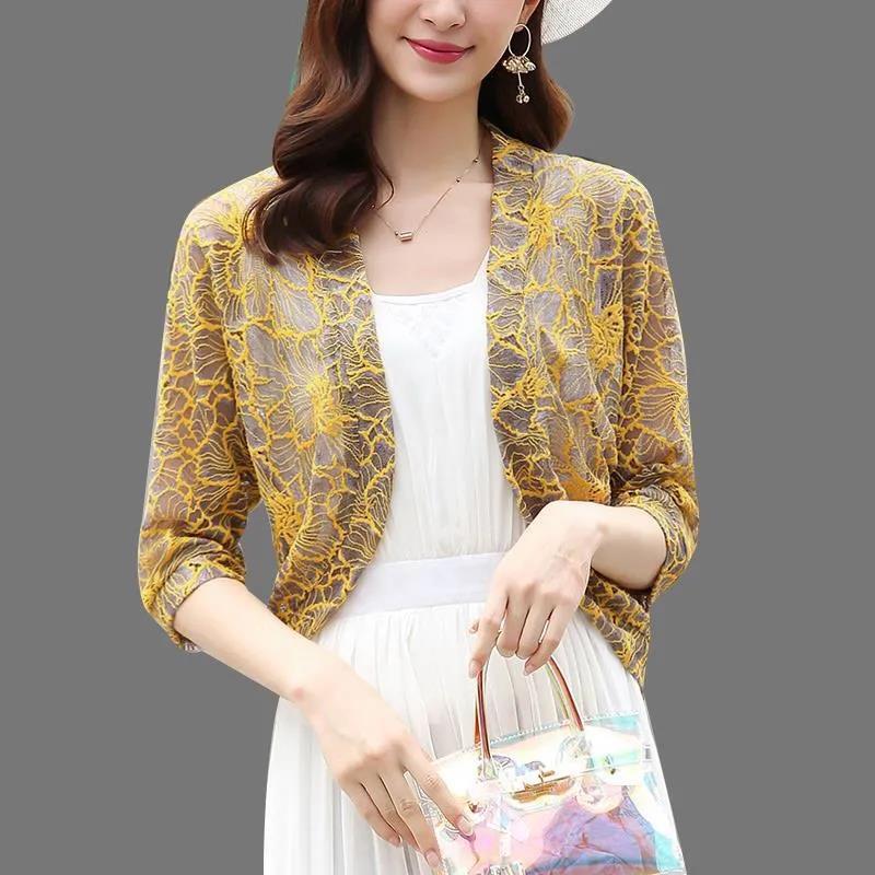 Summer Cardigan Flower Pattern Hollow Out Women Solid Color Thin Shawl Sun Protection