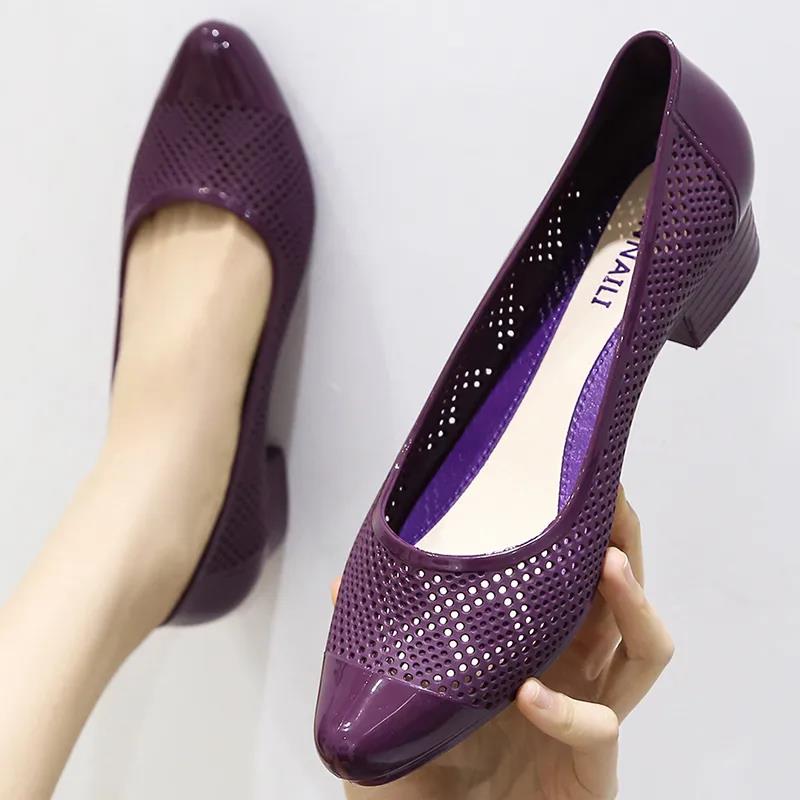 Women's Spring Summer Large Size Low Heel PVC Single Shoes Ladies Solid Color Hollow Breathable Casual Slip-on Shoes