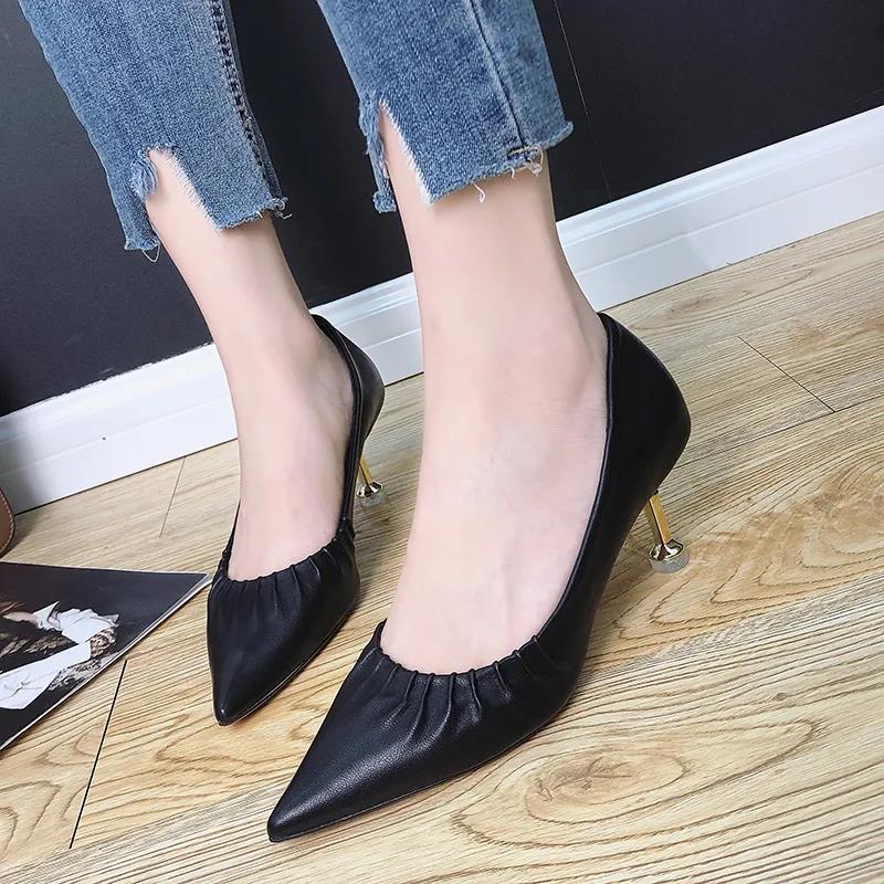 High Heels Women European Stiletto Mid-heel Pointed Toe Fashion High Heels Working Leather Shoes Women