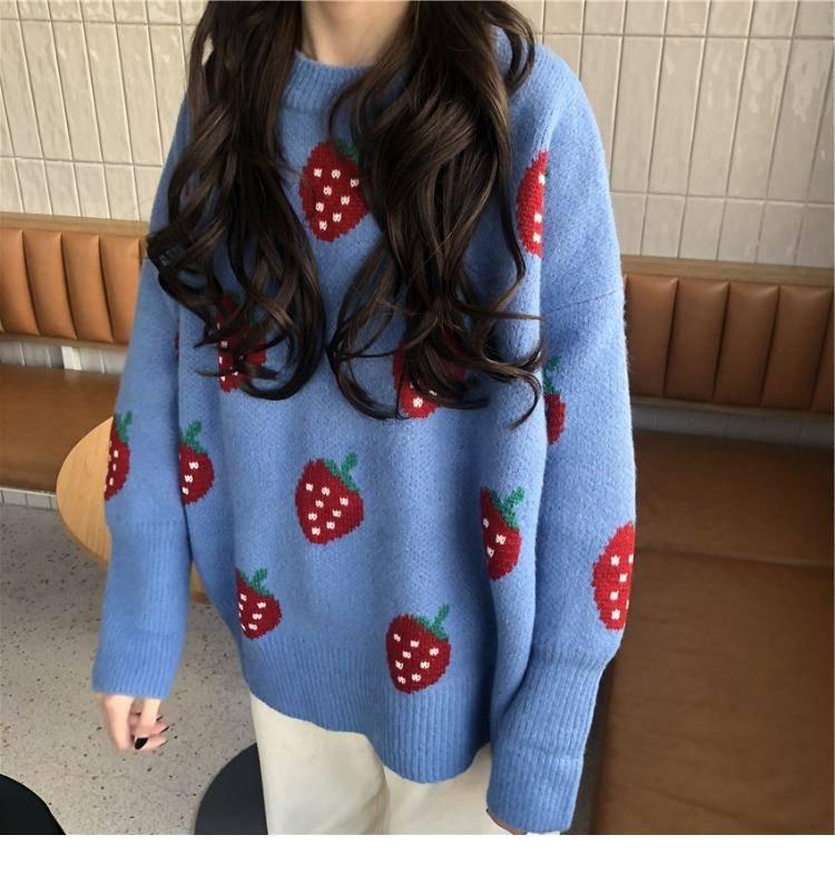Pofulove Strawberry Pullover Sweater Women Autumn and Winter University Style Sweater Loose Sweet