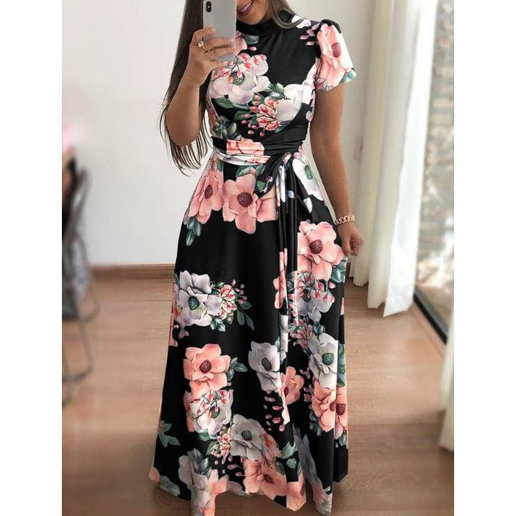 Women Summer Long Dress Vintage Floral Print Elegant Slim Dress Tunic Maxi Dress Female Evening Party Dress