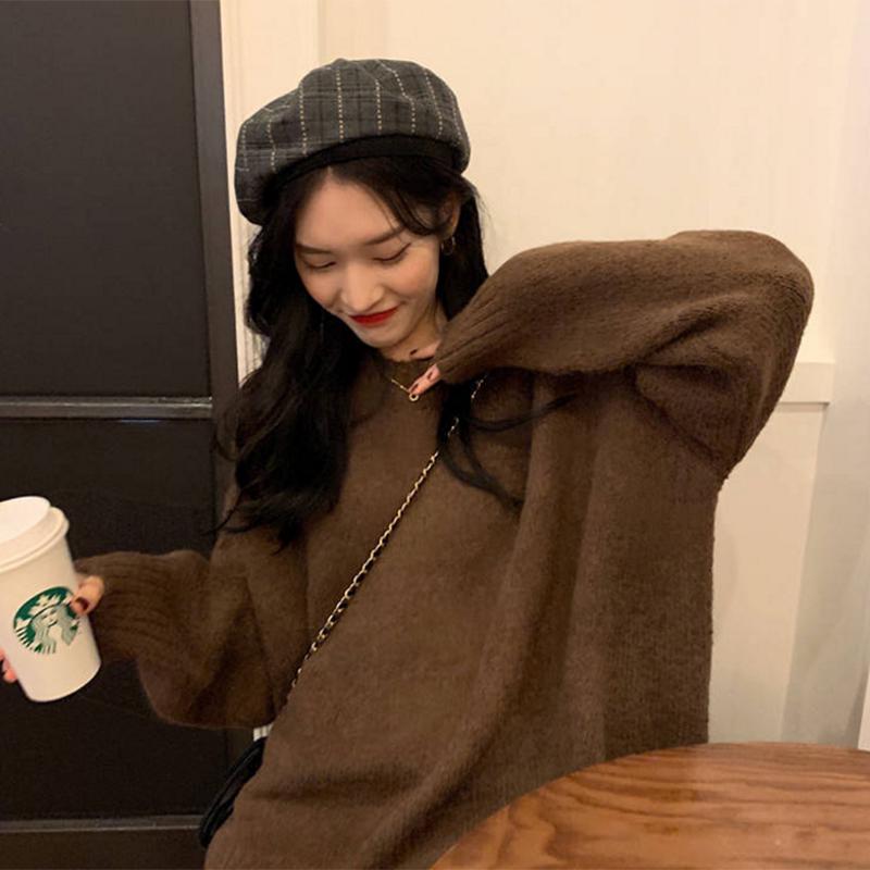 Pofulove lazy style round neck long sleeve sweater women's hedging student wild loose sweater women