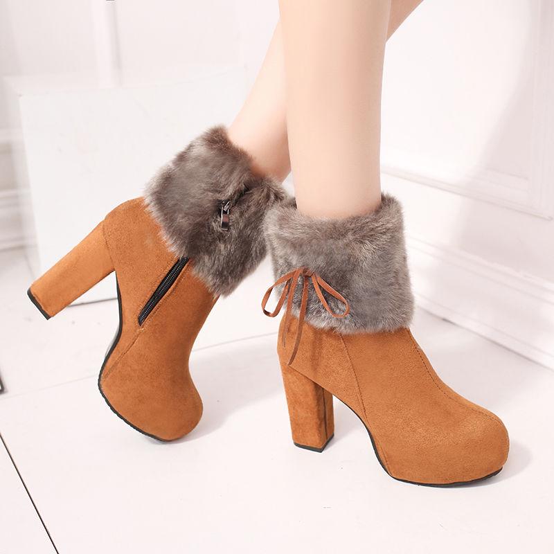 Winter Snow Boots High Heels Thick Bottom Middle Boots Cotton Shoes Black Plush Ladies Boots Women