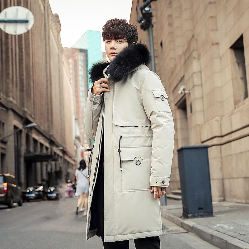 Winter Padded Jacket Men's Plus Velvet Thick Mid-length Korean Style Loose Hooded Big Fur Collar Padded Jacket Parka Coat Trend