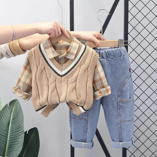 Boys Spring and Autumn Suit Handsome Baby Spring Sweater Vest Three-piece Children's Plaid Shirt Long-sleeved Comfortable Suit