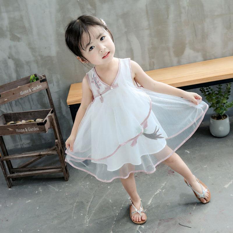 Girls Dress Temperament Cheongsam Mesh Princess Skirt Chinese Style Baby Vest Skirt Sleeveless Round Neck A-line Skirt