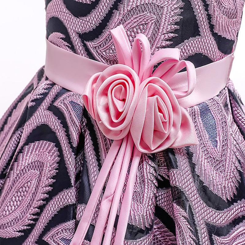 Girls Summer Dress Princess Skirt with Flower Jacquard Fabric Sleeveless Lace Dress