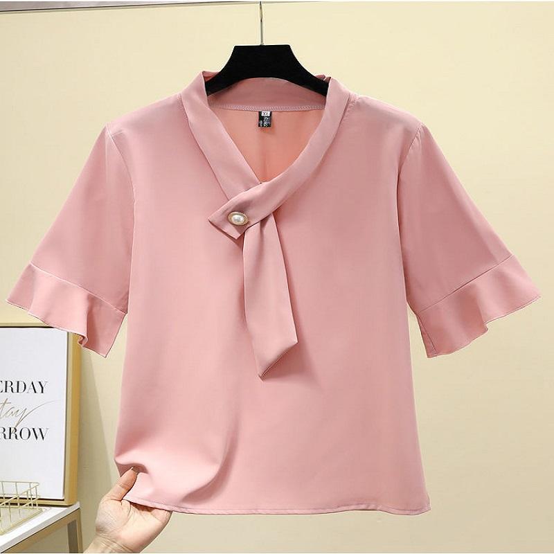 Summer Ladies Top Sleeve Shirt Chiffon Short Sleeve blouse V-neck Solid Color Breathable blouse