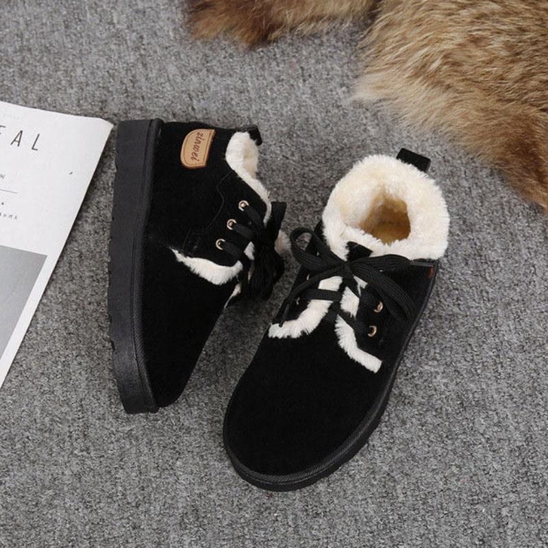 Winter Snow Boots Women All-match Non-slip Plus Velvet Warm Cotton Shoes Flat Bottom Lace-up Bread Shoes